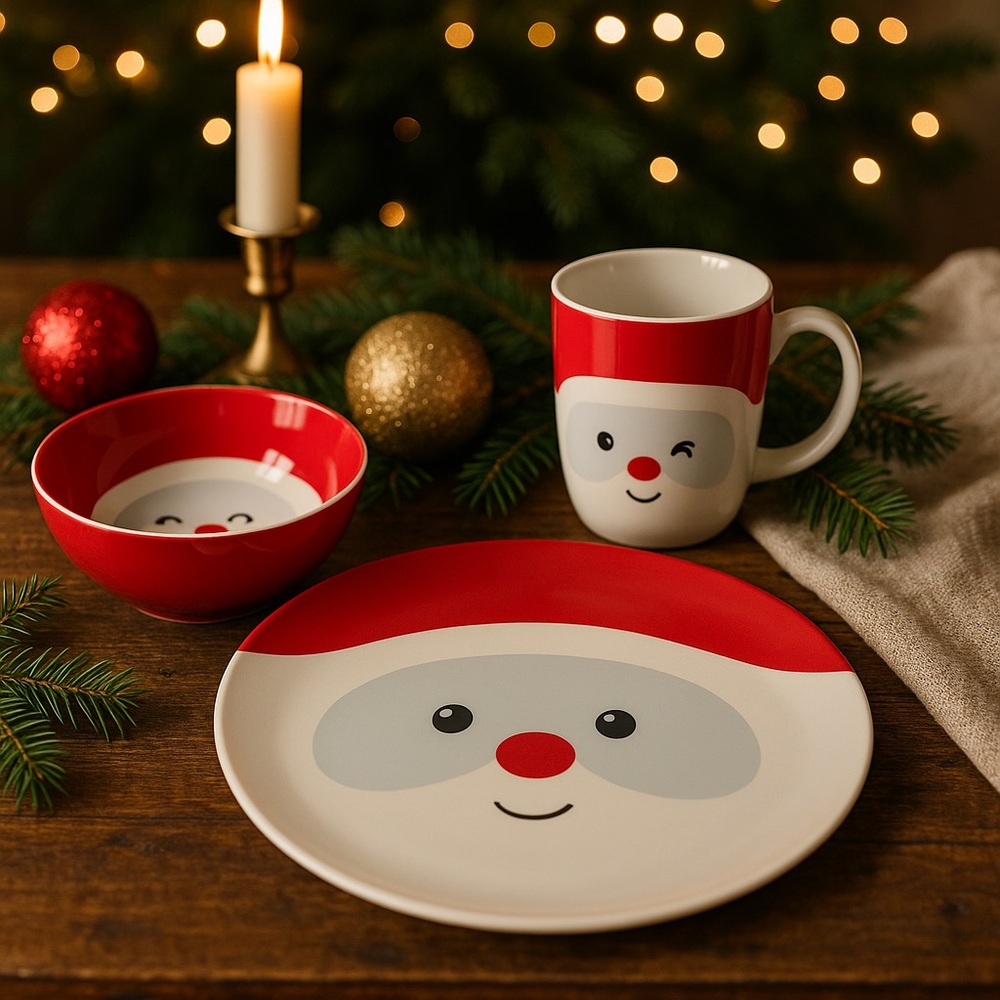 H&M Holiday Porcelain Set – Santa-Face Mug, Bowl & Plate – Festive Tableware